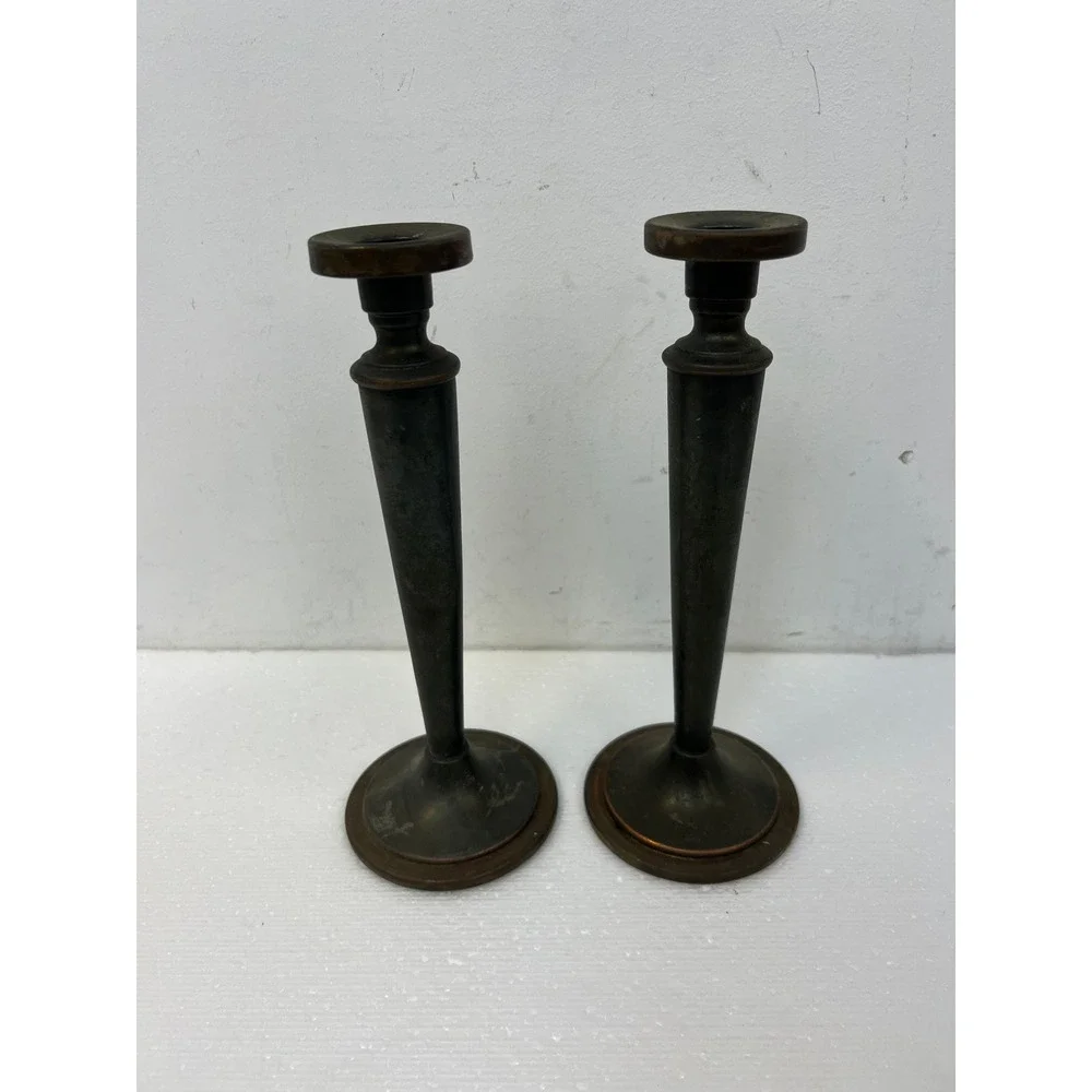 Vintage Arts & Crafts Metal Candlestick Holders Pair Tapered 9